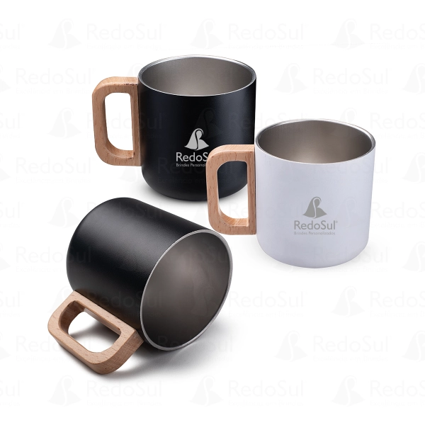Caneca Térmica Personalizada 400 ml com Alça em Madeira Caneca Térmica Personalizada 400 ml com Alça em Madeira